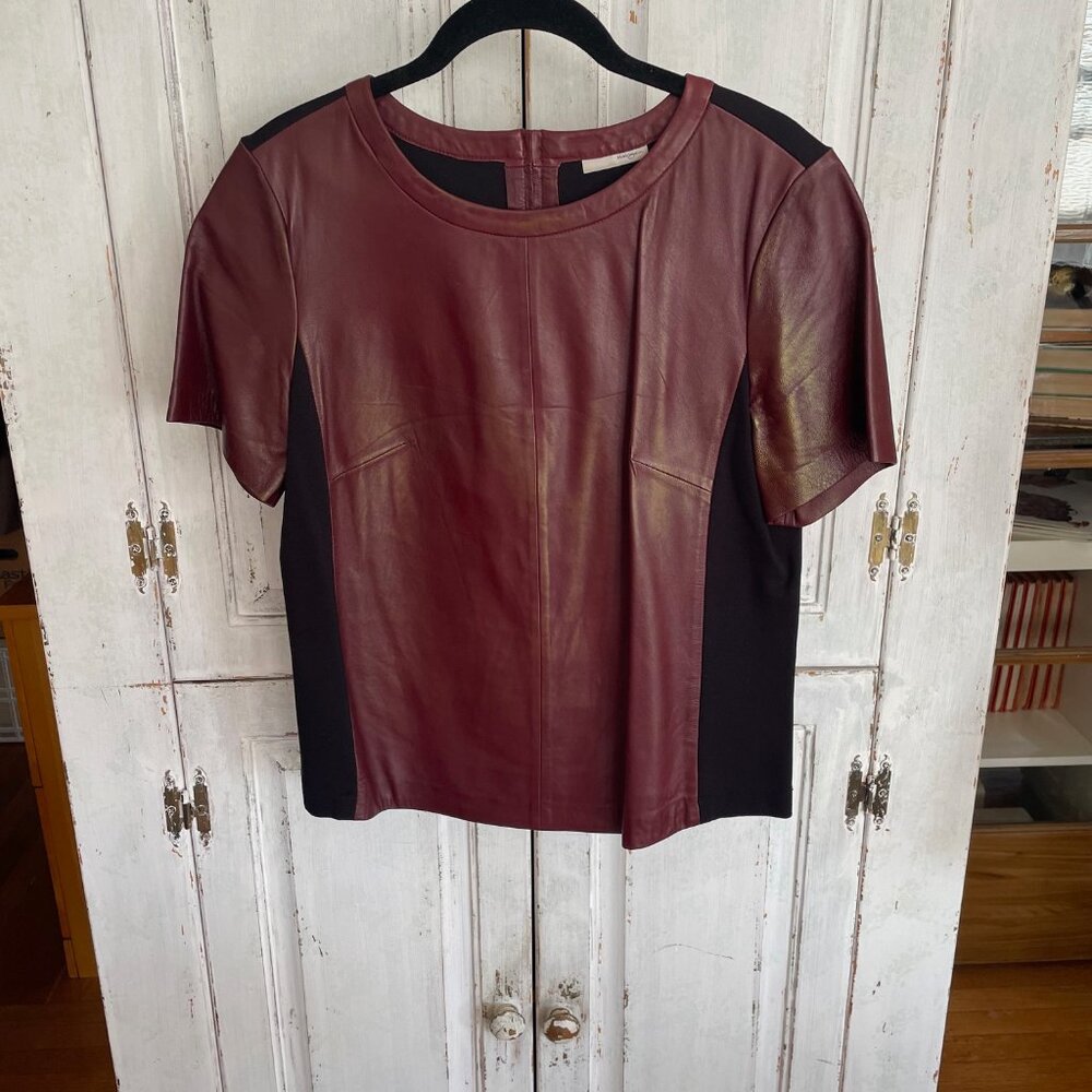 Women's Halogen Short Sleeve Burgandy Leather & Fabric Shirt Size M